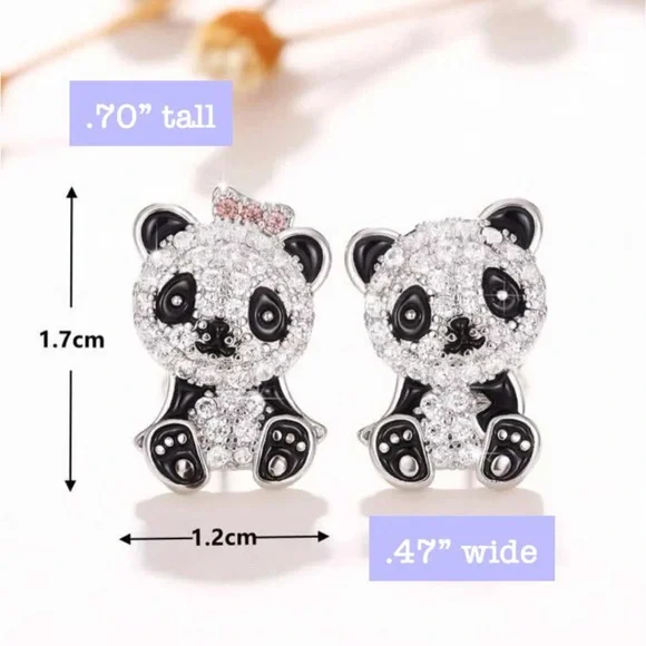 0.64Ct Zirconia & Silver Panda Earrings Cute Animal Stud Bear New - Picture 2 of 6